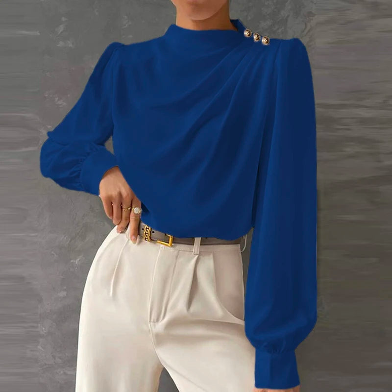 Mock Neck Gold Button Ruched Long Sleeve Dressy Blouse