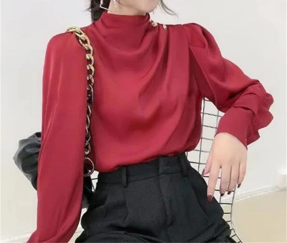 Mock Neck Gold Button Ruched Long Sleeve Dressy Blouse