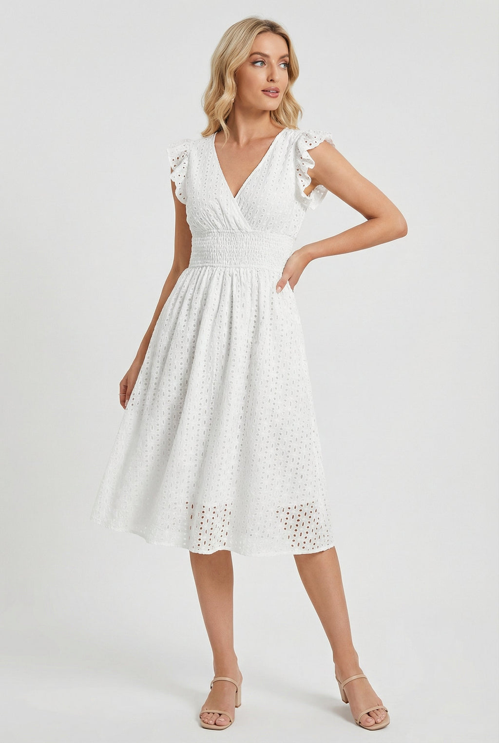 Eyelet Cotton Ruffle Sleeve Smocked Waist A Line Midi Dress
