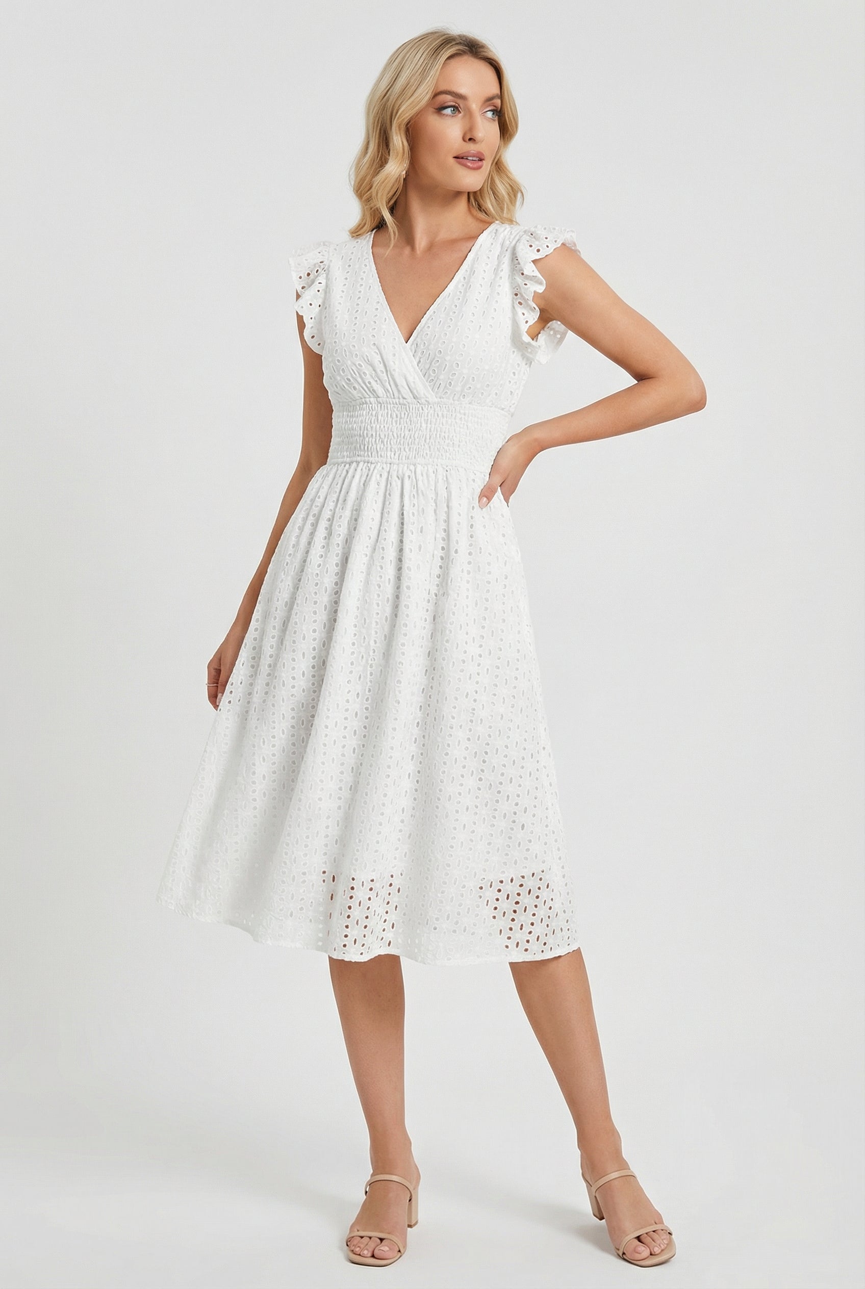Eyelet Cotton Ruffle Sleeve Smocked Waist A Line Midi Dress