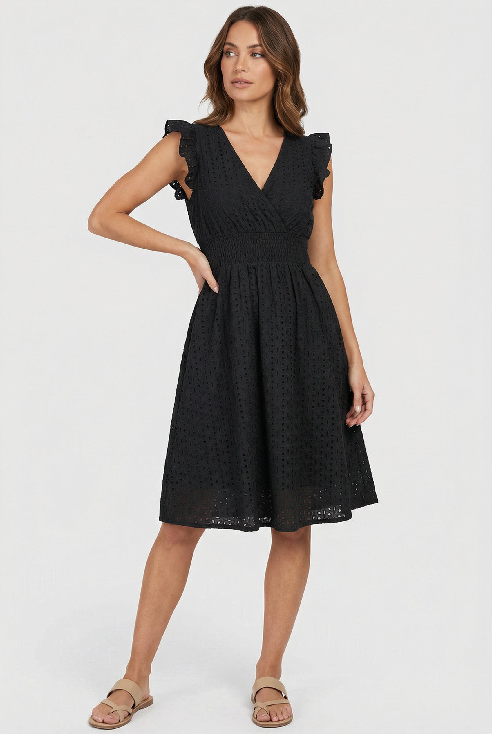 Eyelet Cotton Ruffle Sleeve Smocked Waist A Line Midi Dress