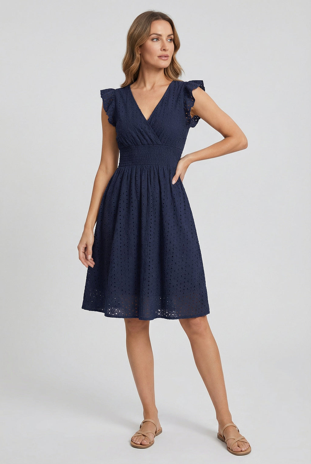 Eyelet Cotton Ruffle Sleeve Smocked Waist A Line Midi Dress
