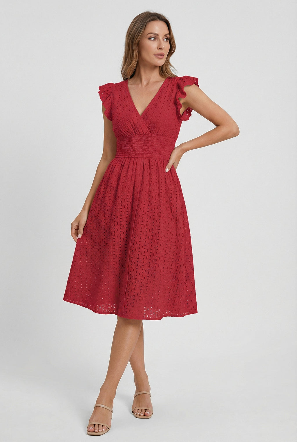 Eyelet Cotton Ruffle Sleeve Smocked Waist A Line Midi Dress
