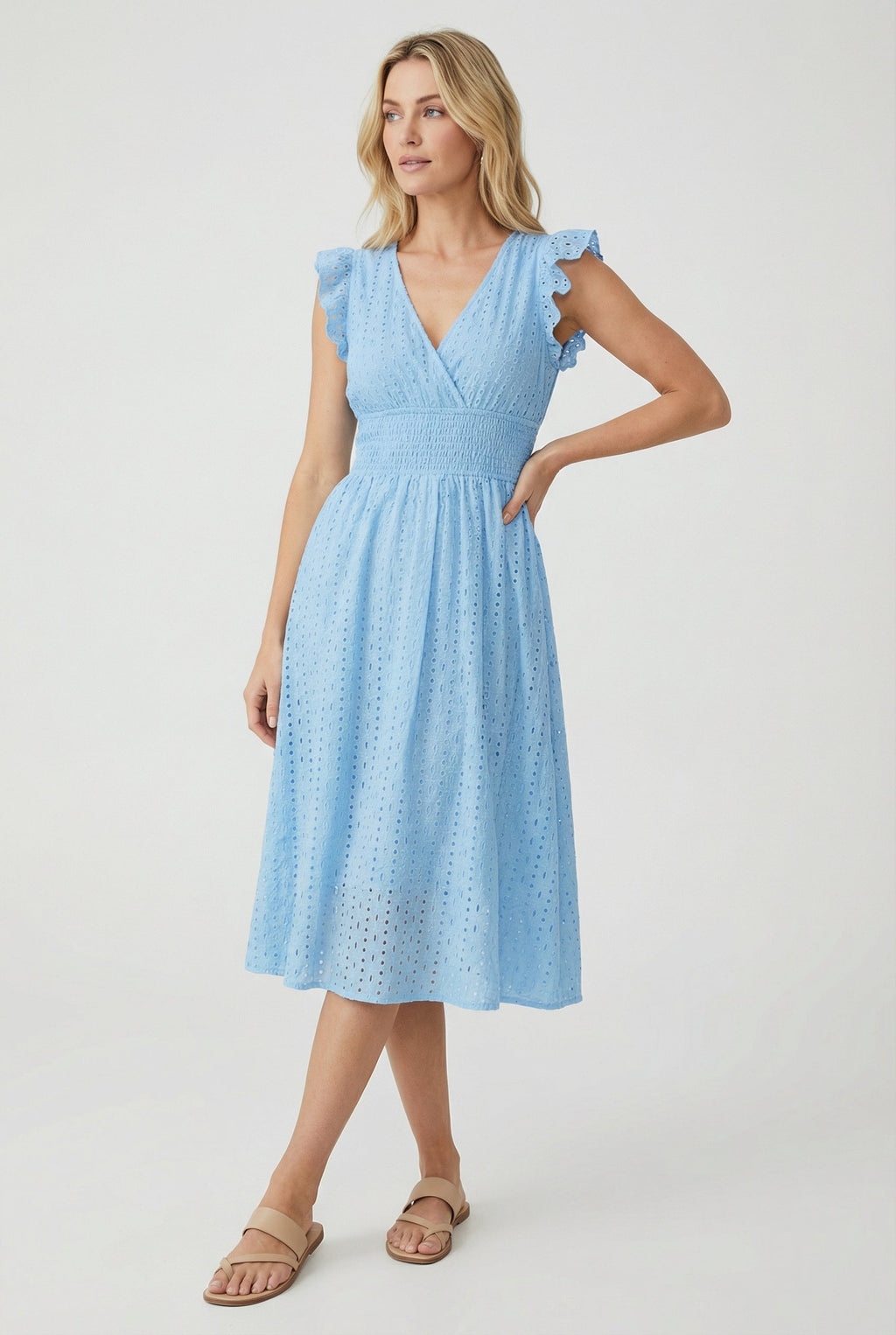 Eyelet Cotton Ruffle Sleeve Smocked Waist A Line Midi Dress