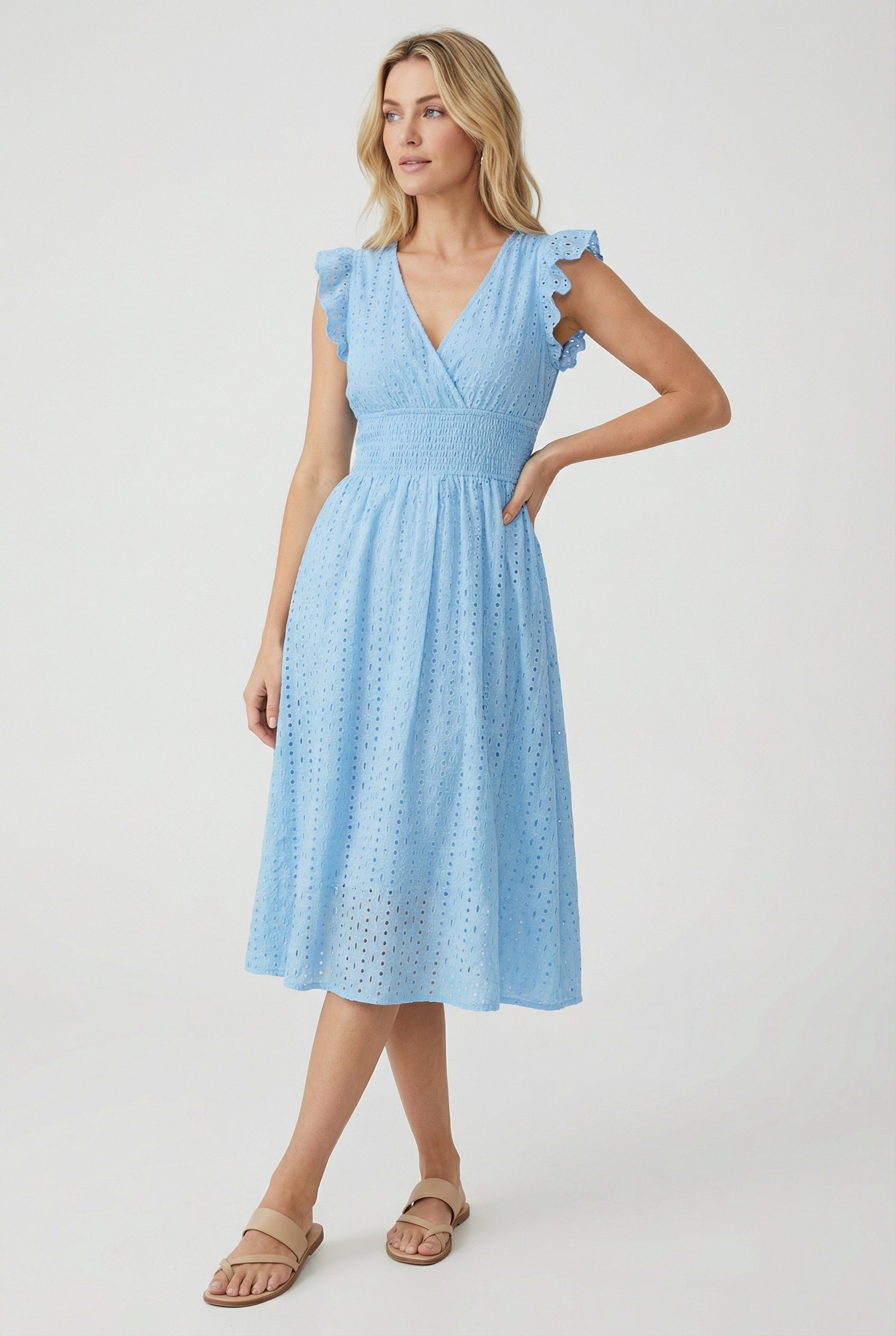 Eyelet Cotton Ruffle Sleeve Smocked Waist A Line Midi Dress