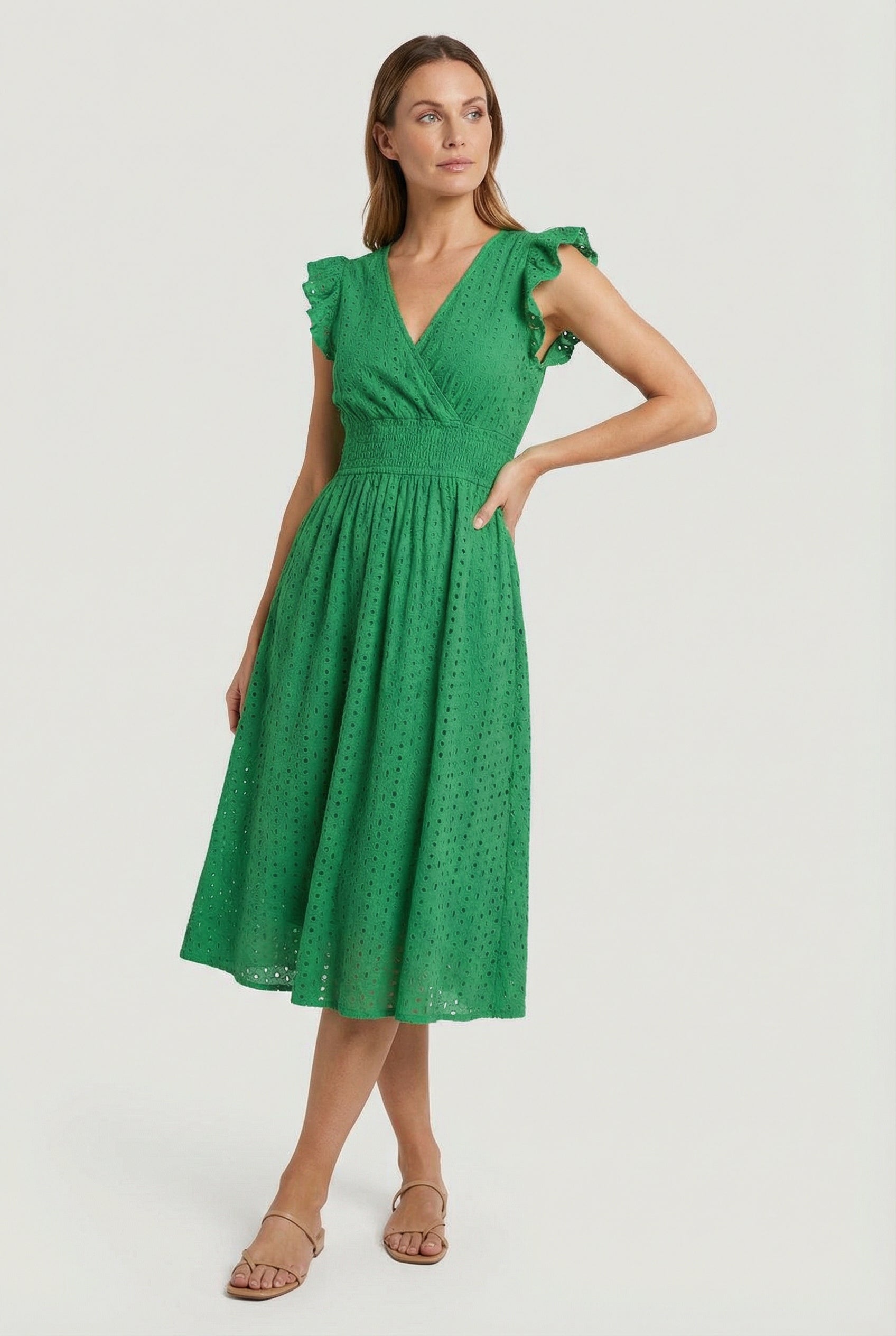 Eyelet Cotton Ruffle Sleeve Smocked Waist A Line Midi Dress