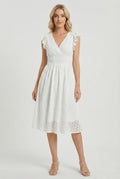 Eyelet Cotton Ruffle Sleeve Smocked Waist A Line Midi Dress