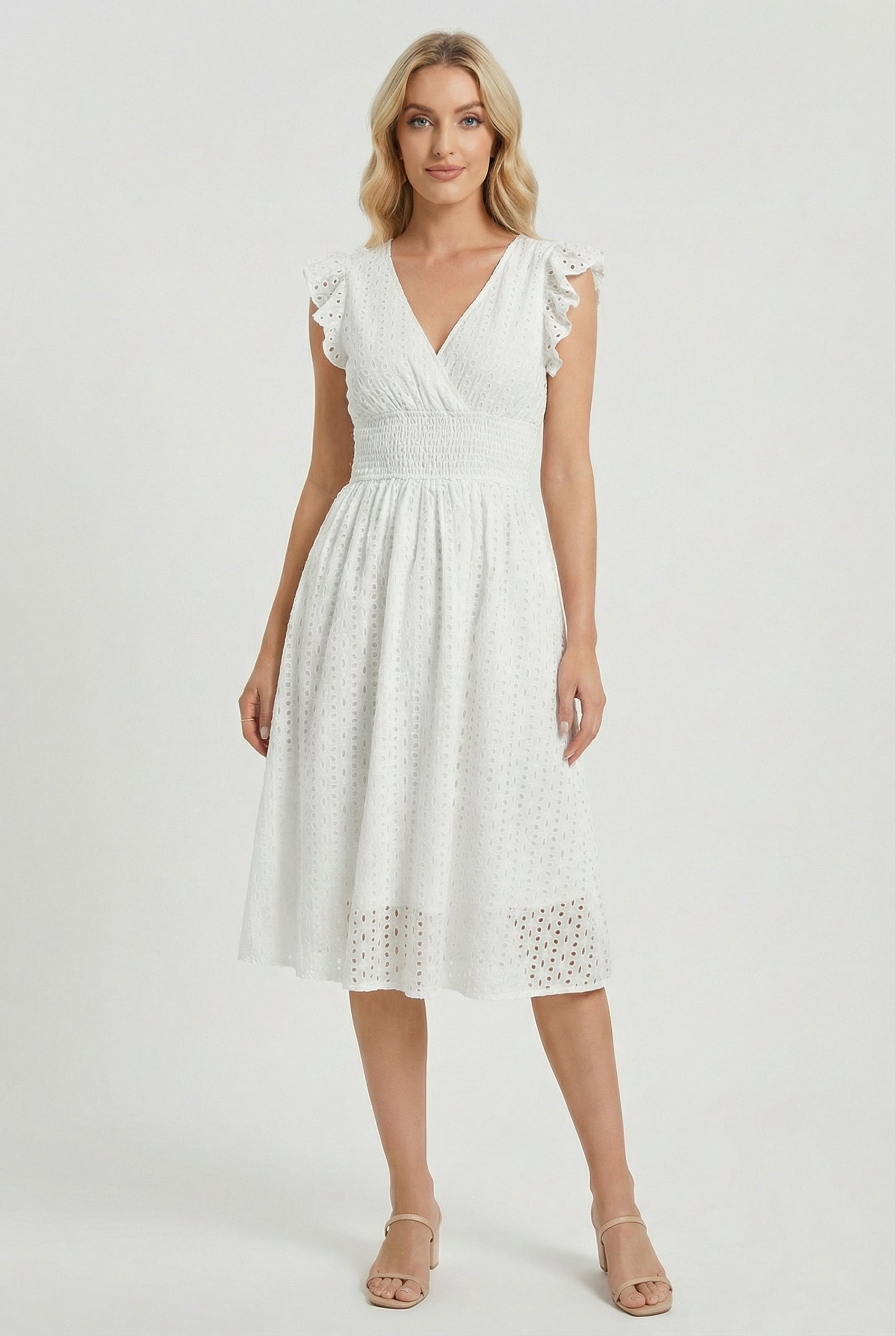Eyelet Cotton Ruffle Sleeve Smocked Waist A Line Midi Dress