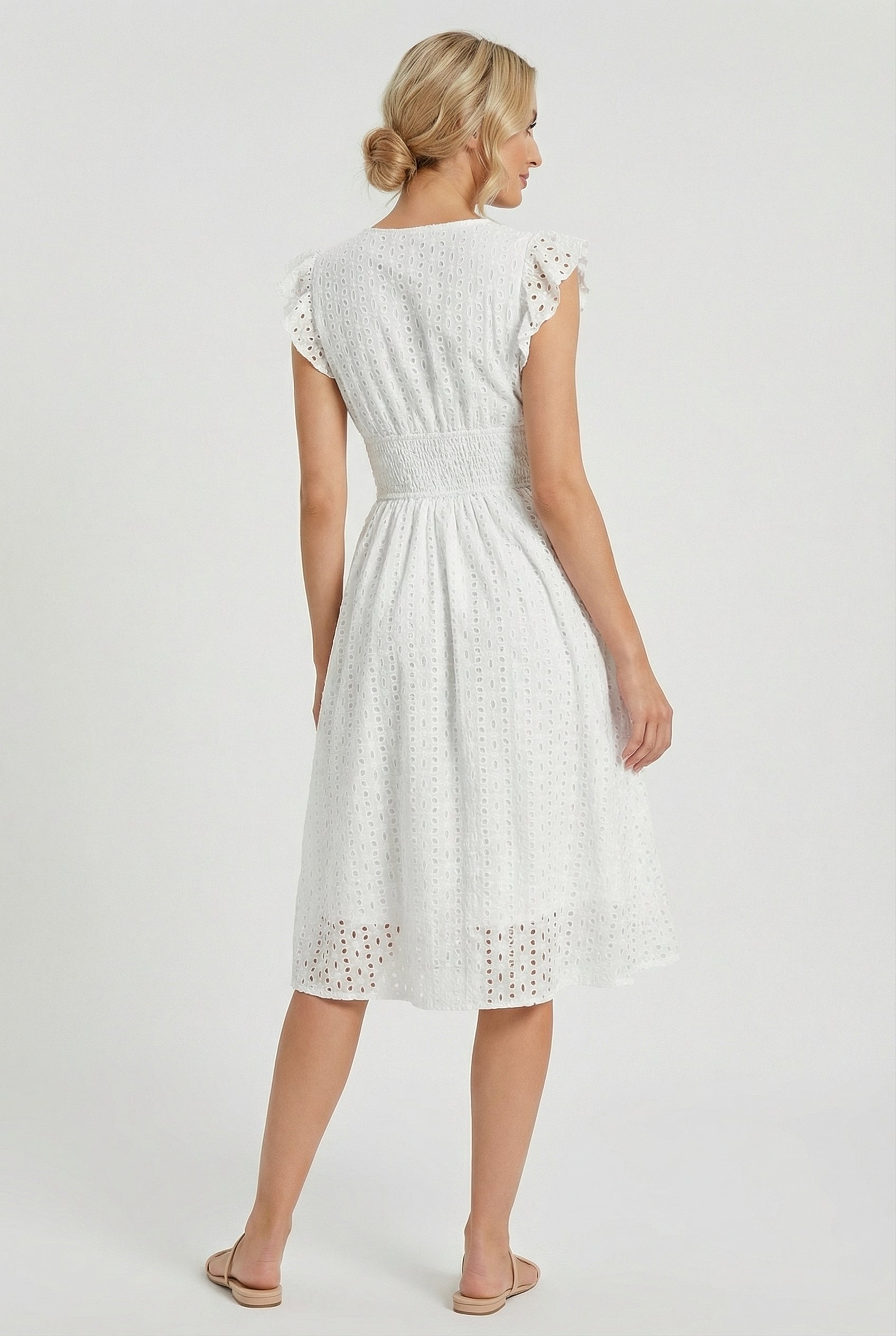 Eyelet Cotton Ruffle Sleeve Smocked Waist A Line Midi Dress