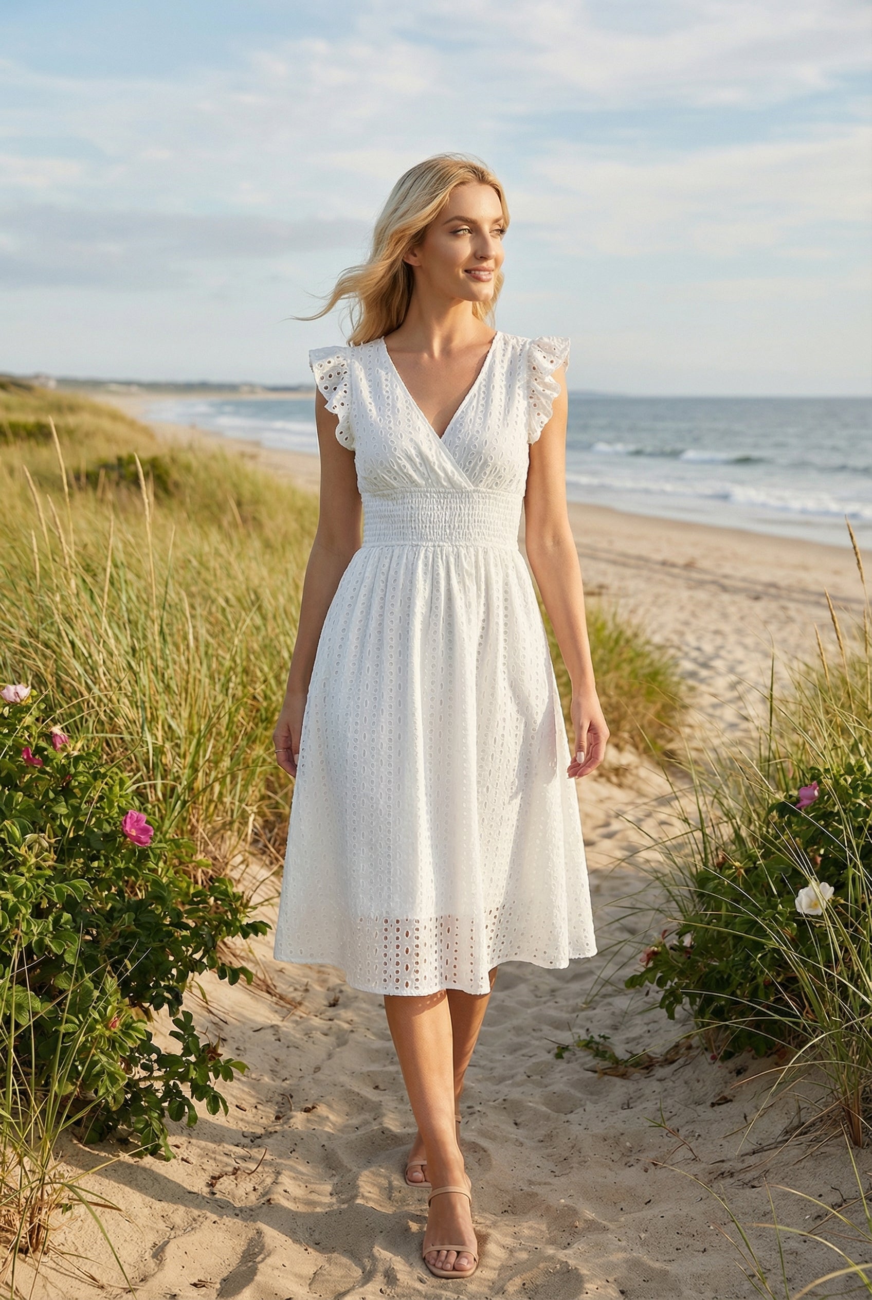 Eyelet Cotton Ruffle Sleeve Smocked Waist A Line Midi Dress