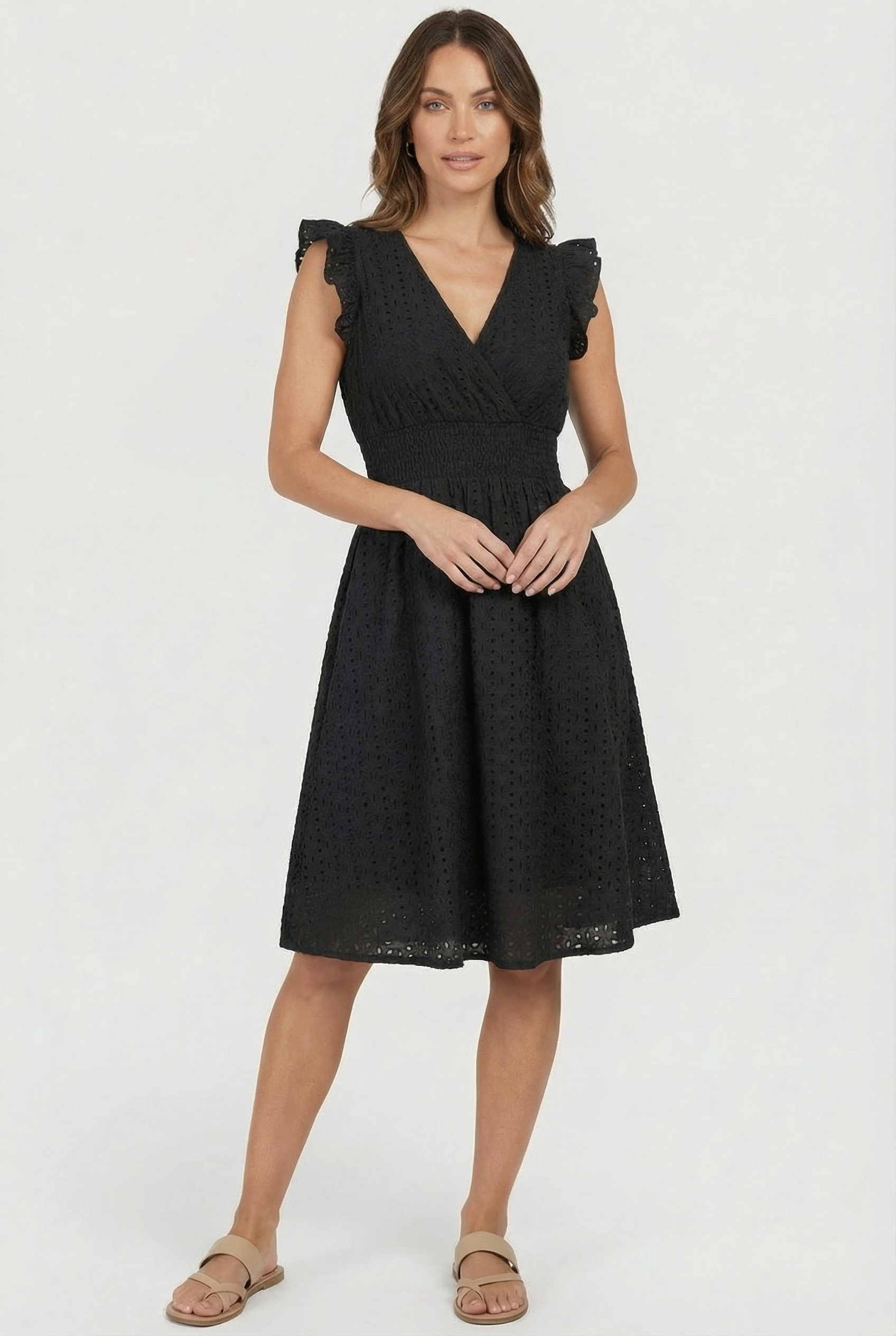Eyelet Cotton Ruffle Sleeve Smocked Waist A Line Midi Dress
