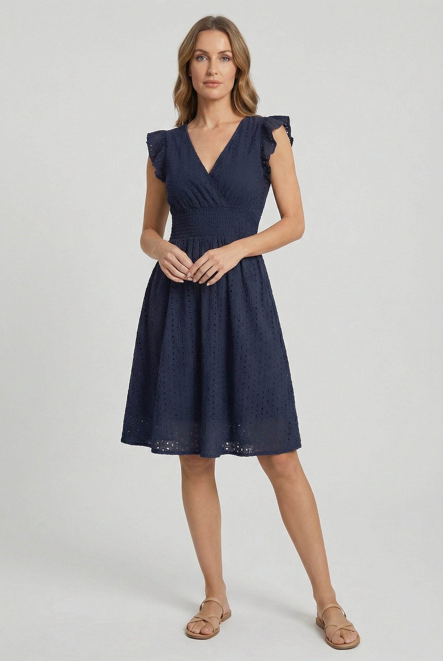 Eyelet Cotton Ruffle Sleeve Smocked Waist A Line Midi Dress