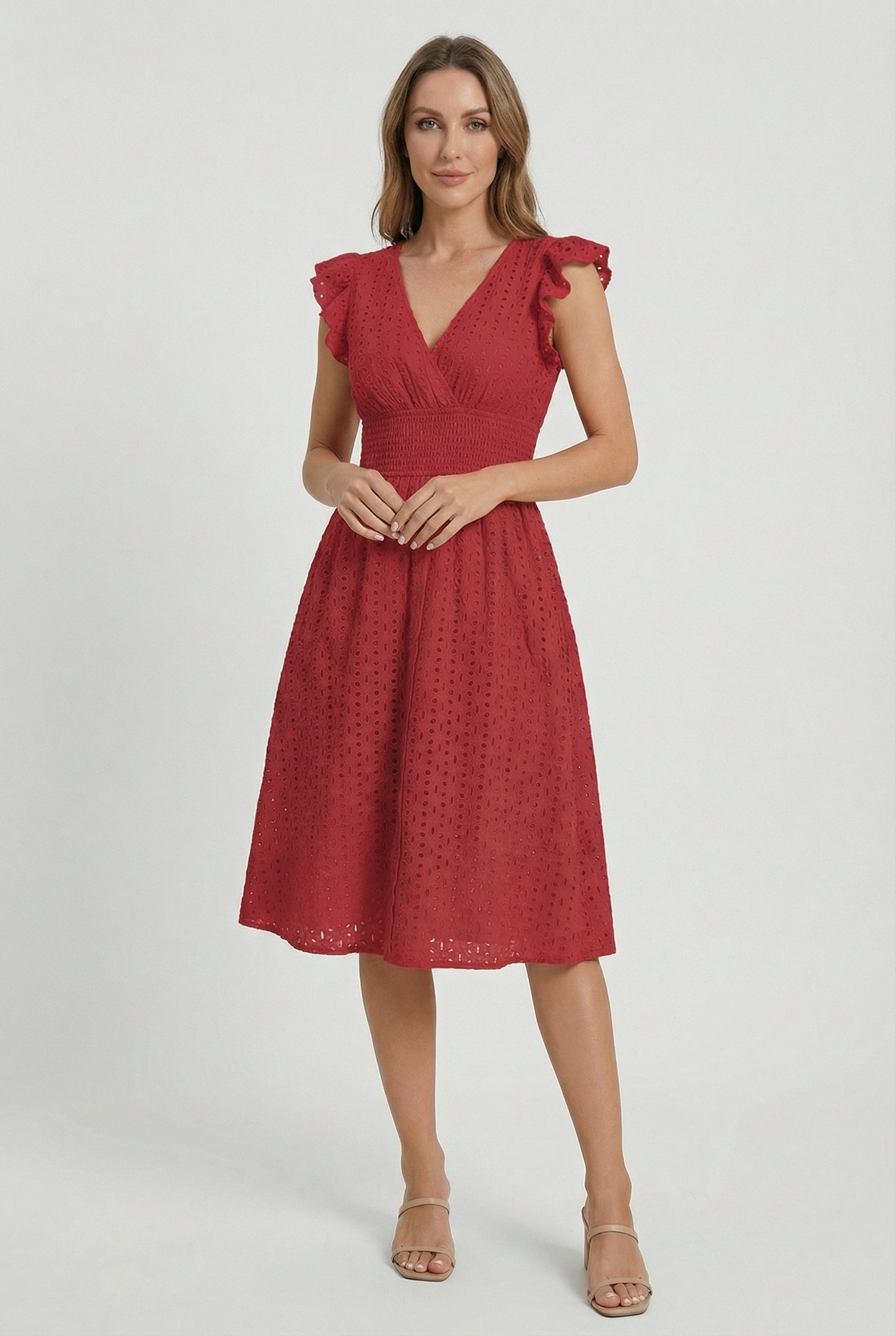 Eyelet Cotton Ruffle Sleeve Smocked Waist A Line Midi Dress