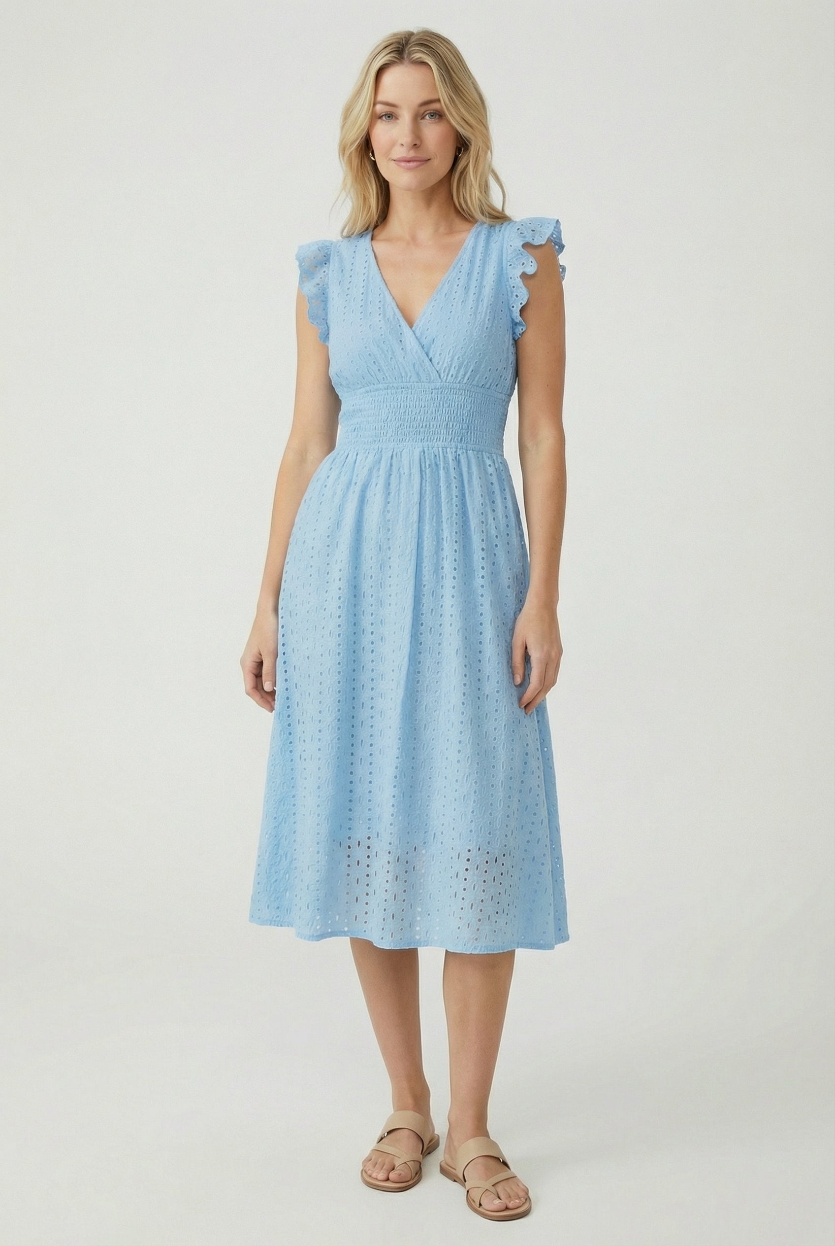 Eyelet Cotton Ruffle Sleeve Smocked Waist A Line Midi Dress