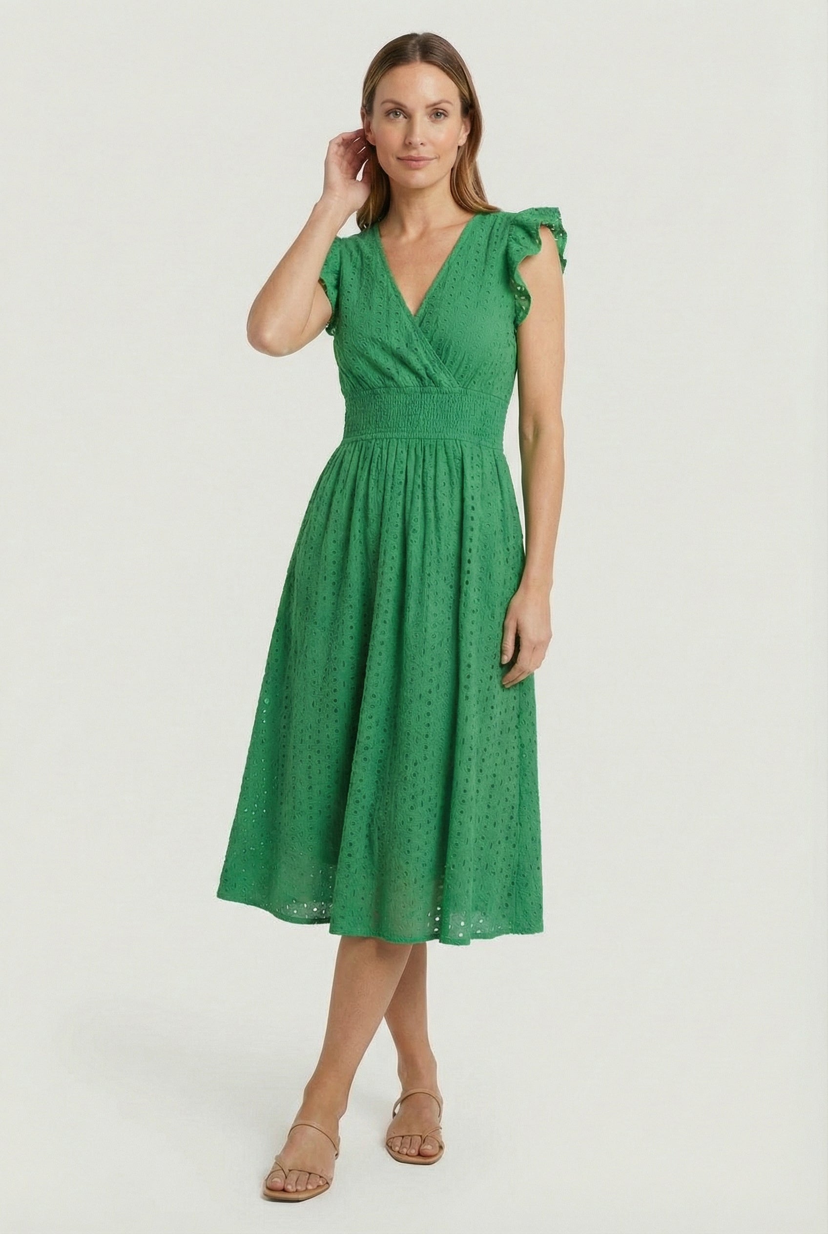 Eyelet Cotton Ruffle Sleeve Smocked Waist A Line Midi Dress