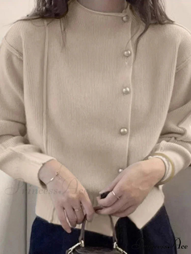Holiday Crimson Puff Sleeve Button-Up Sophisticated Knitted Cardigan