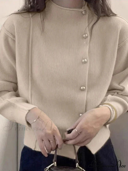 Holiday Crimson Puff Sleeve Button-Up Sophisticated Knitted Cardigan
