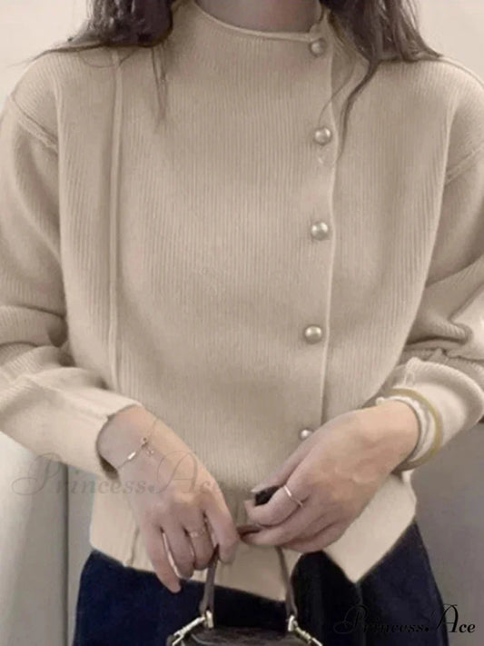 Holiday Crimson Puff Sleeve Button-Up Sophisticated Knitted Cardigan