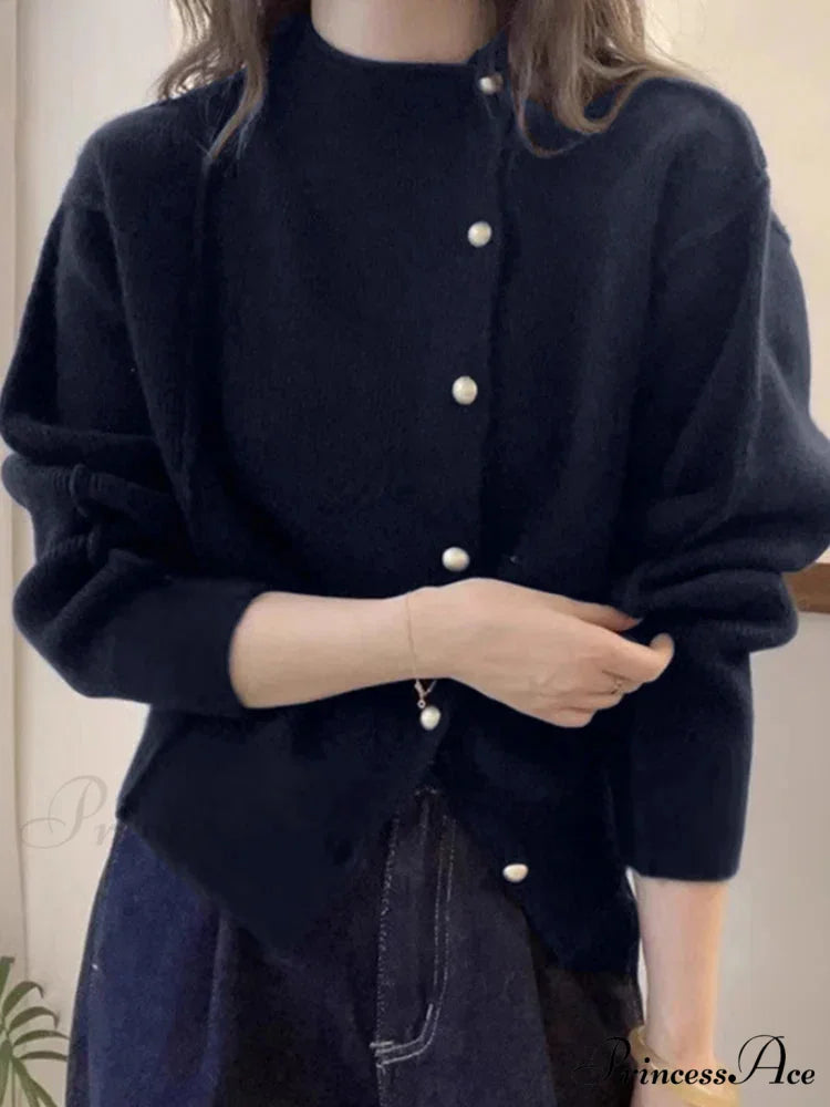Holiday Crimson Puff Sleeve Button-Up Sophisticated Knitted Cardigan