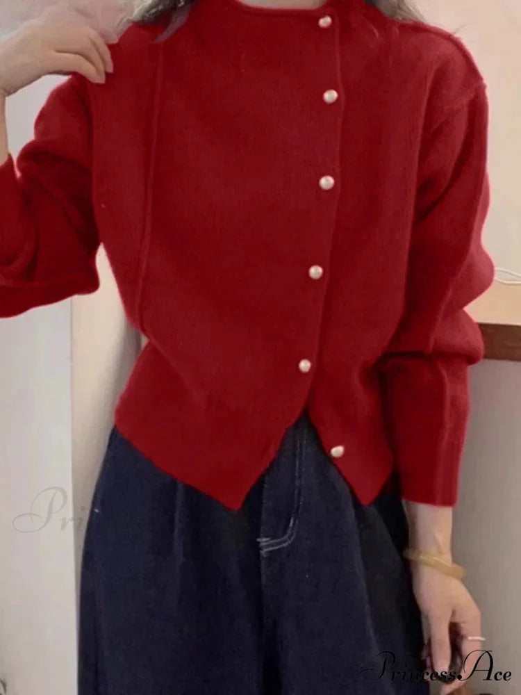 Holiday Crimson Puff Sleeve Button-Up Sophisticated Knitted Cardigan