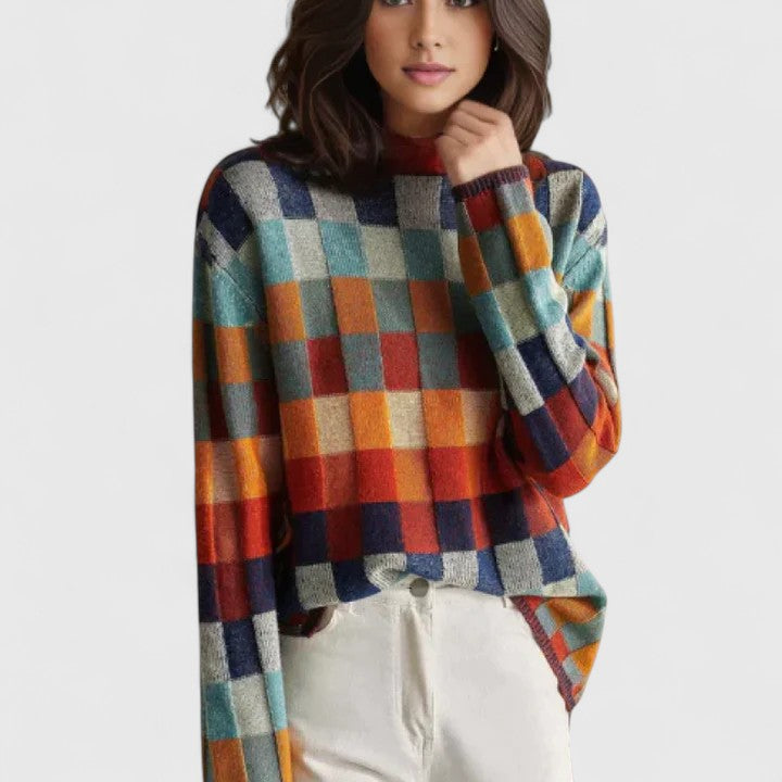 Emersyneh | Women's Elegant Checkered Mock Neck Sweater