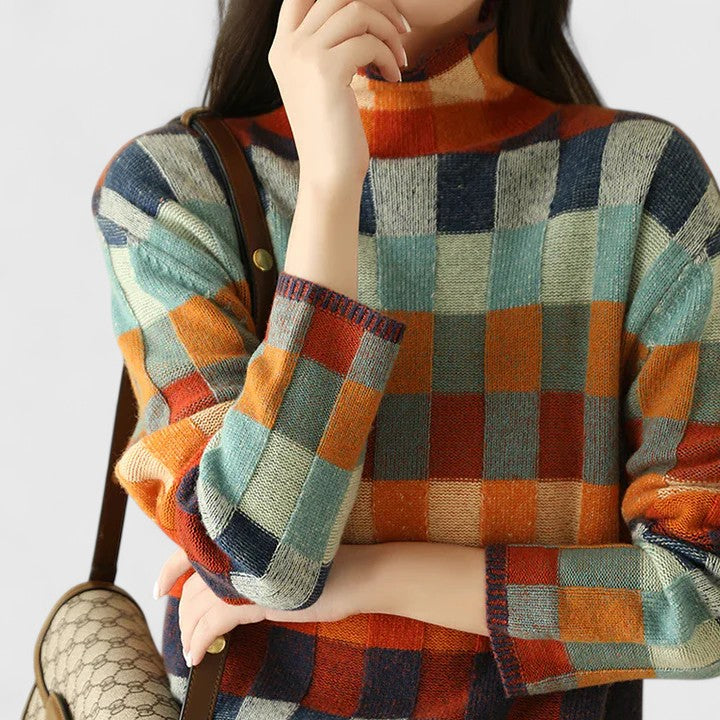 Emersyneh | Women's Elegant Checkered Mock Neck Sweater