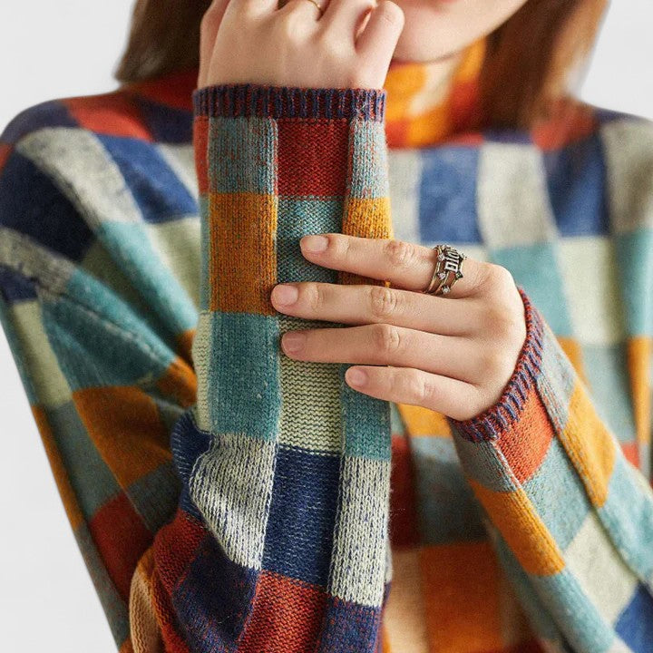 Emersyneh | Women's Elegant Checkered Mock Neck Sweater