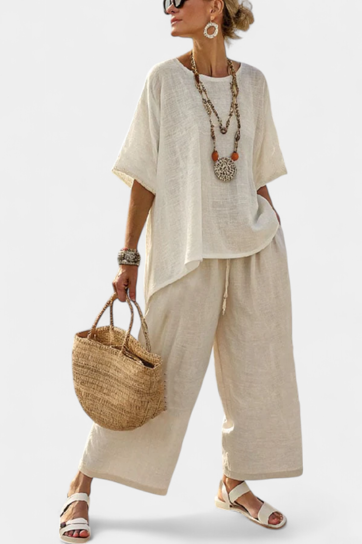 Linen Asymmetric Hem Top Wide Leg Trouser Two Piece Set
