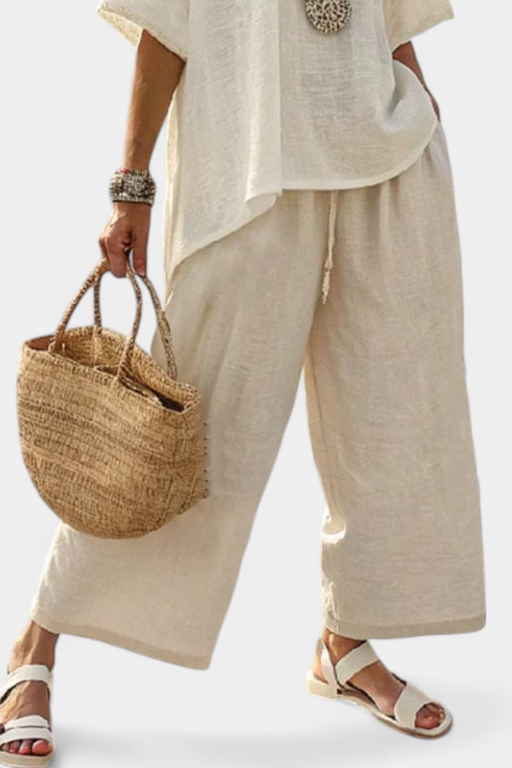 Linen Asymmetric Hem Top Wide Leg Trouser Two Piece Set