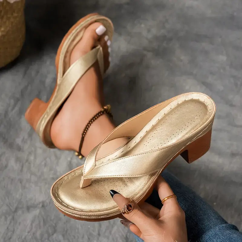 Metallic Thong Strap Block Heel Sandal