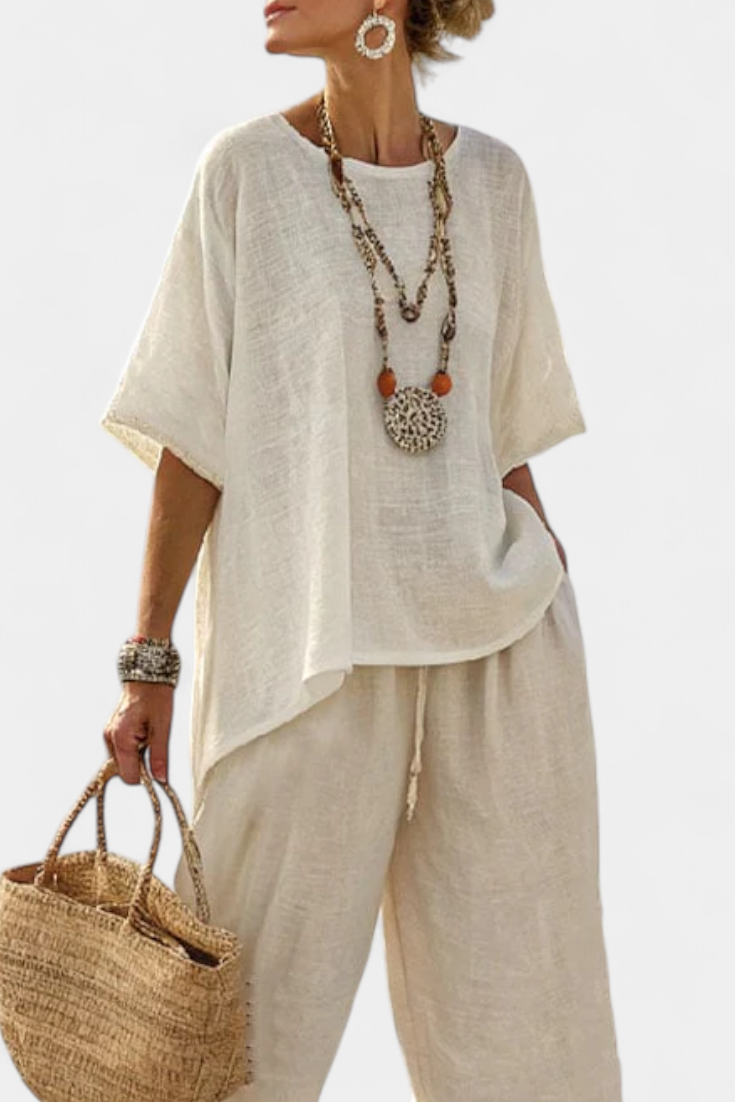 Linen Asymmetric Hem Top Wide Leg Trouser Two Piece Set