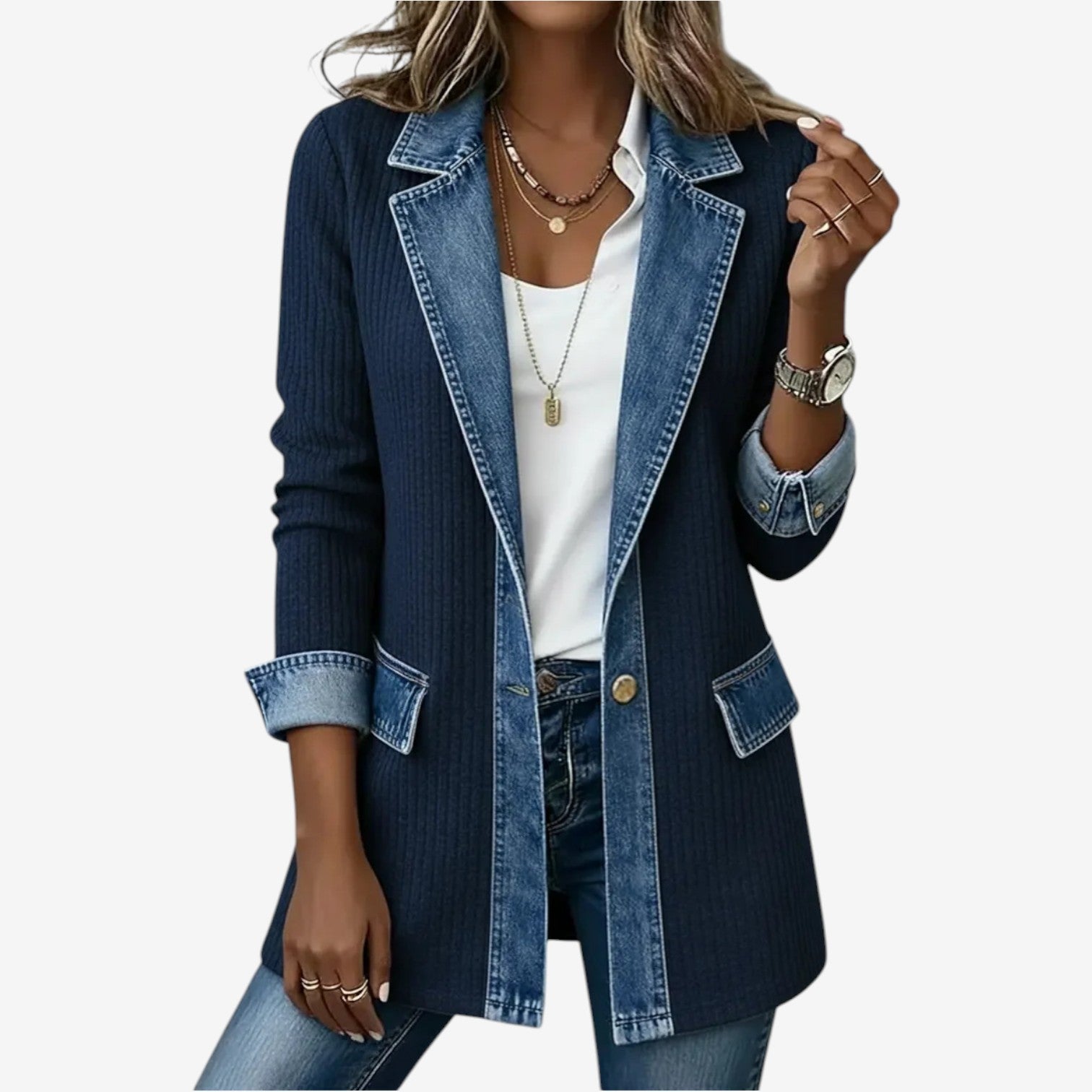 Colorblock Ribbed Denim Trim Jacket
