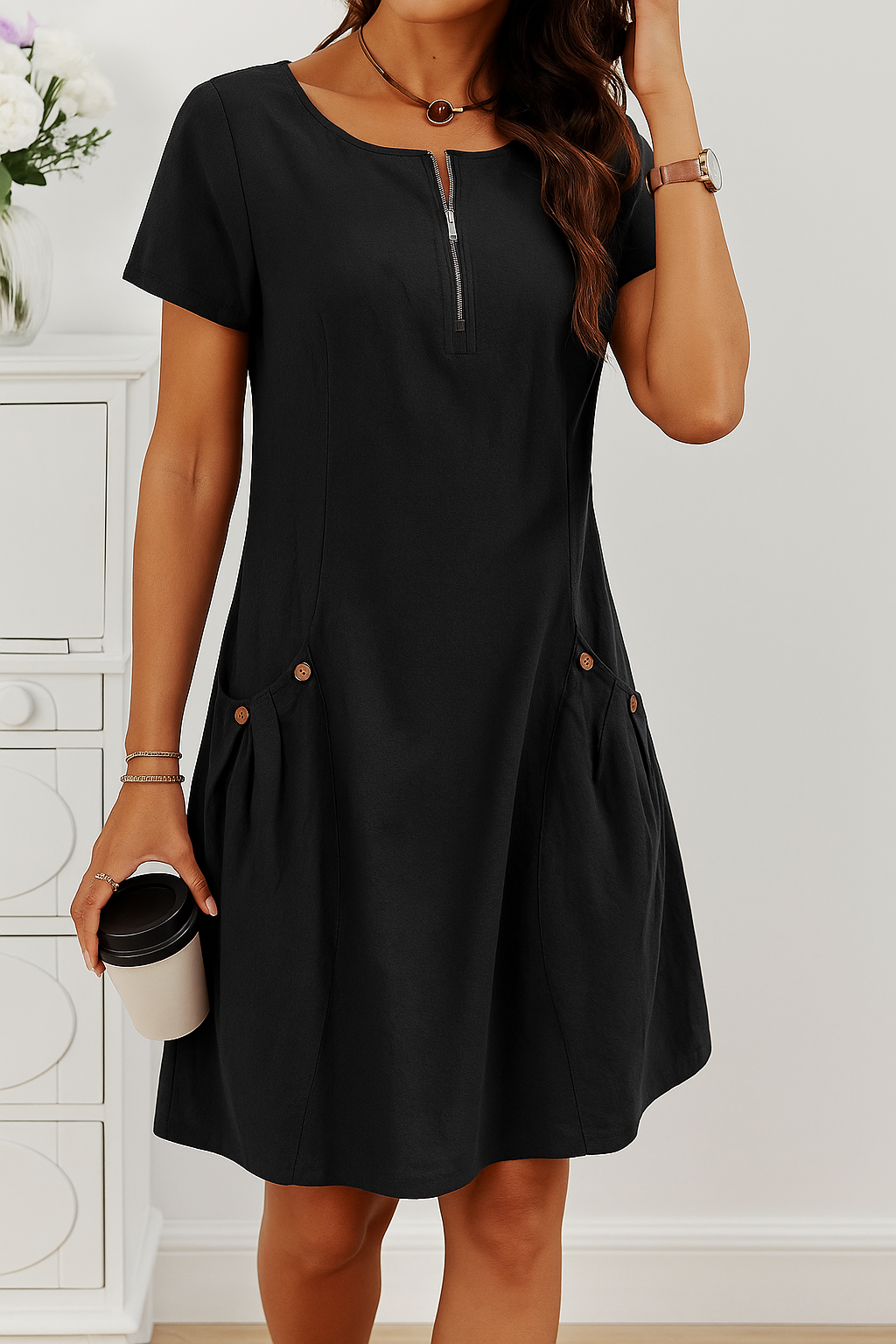 Zip Front Button Pocket Short Sleeve Casual Midi Dress