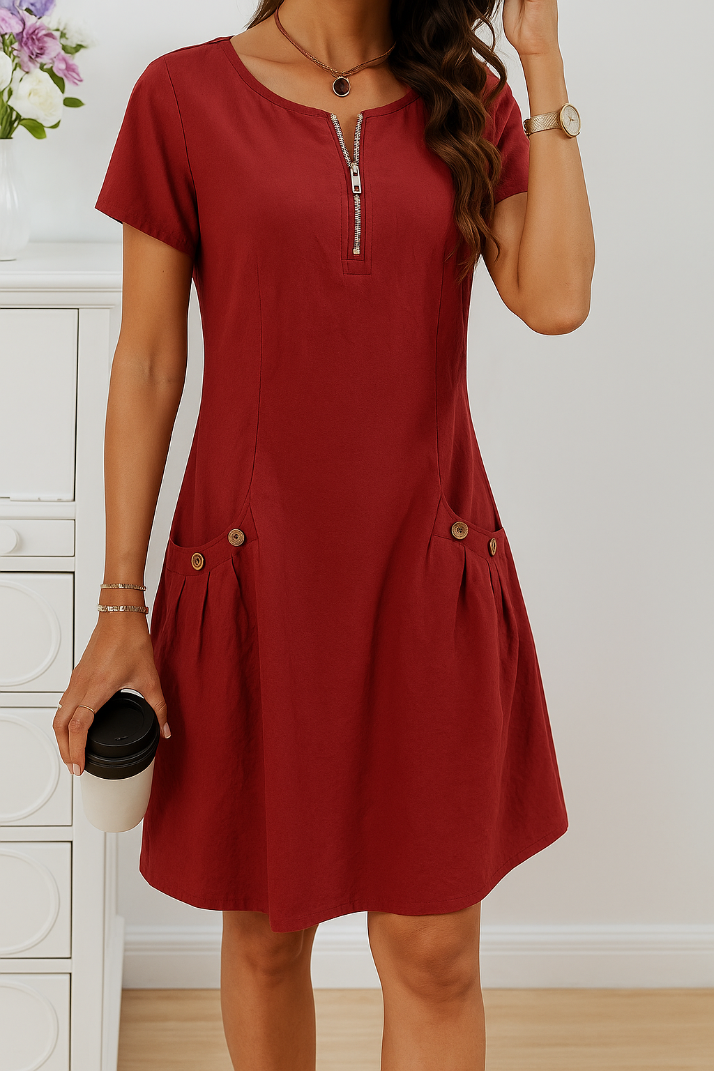 Zip Front Button Pocket Short Sleeve Casual Midi Dress