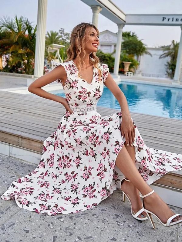 Informal Flowery Lace Neckline Uneven Waist Dress