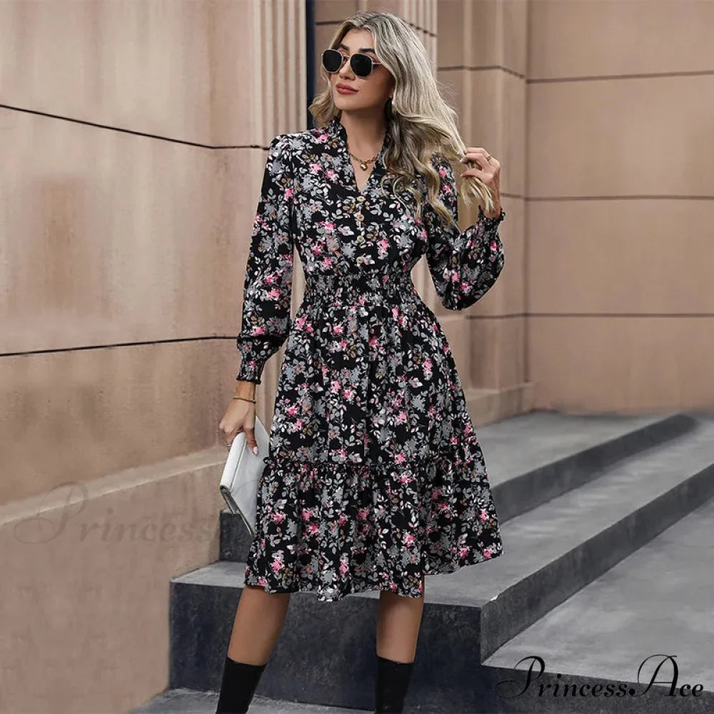 Informal A-line V-neck Floral Dress