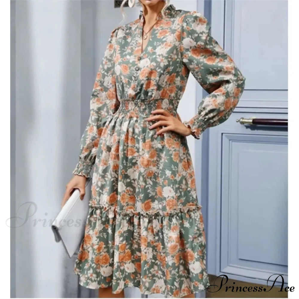 Informal A-line V-neck Floral Dress