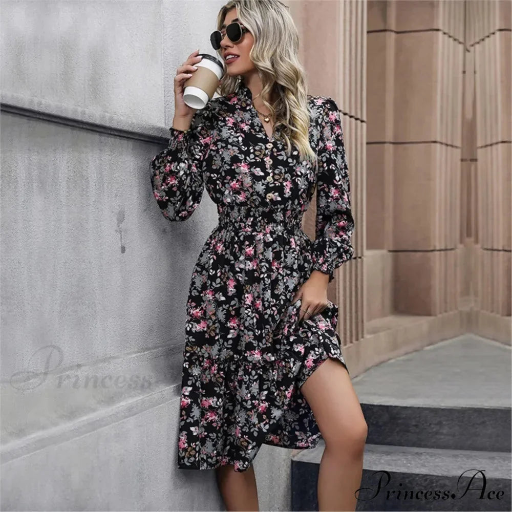 Informal A-line V-neck Floral Dress