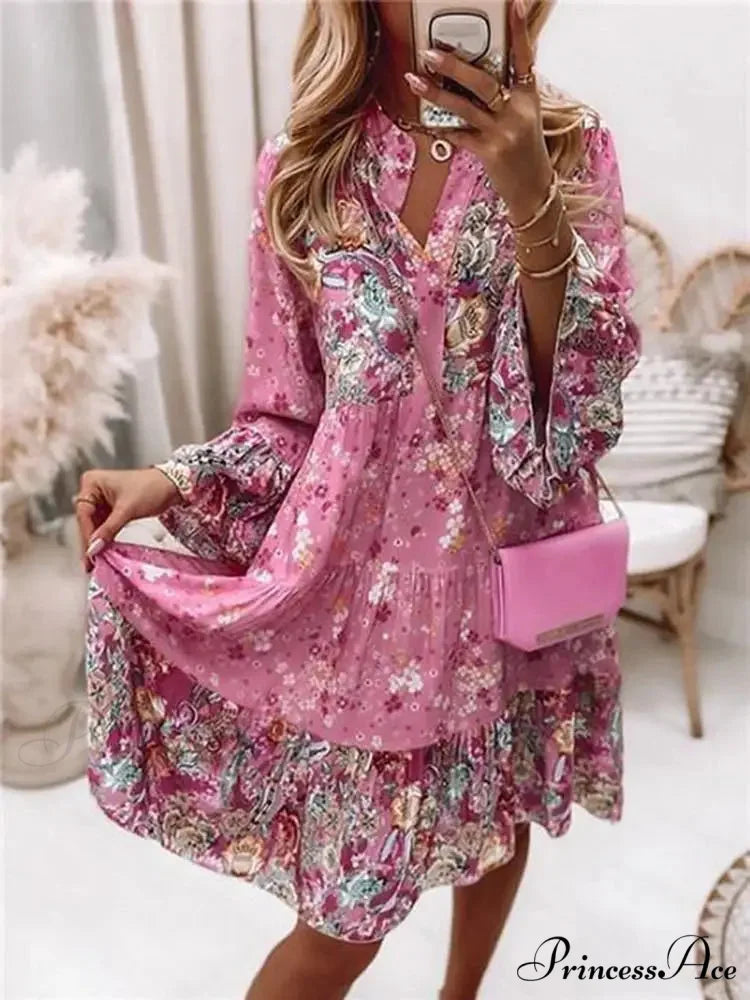 Informal Bohemian Flowered V-neck Frilled A-line Seaside Celebration Flowered Dress