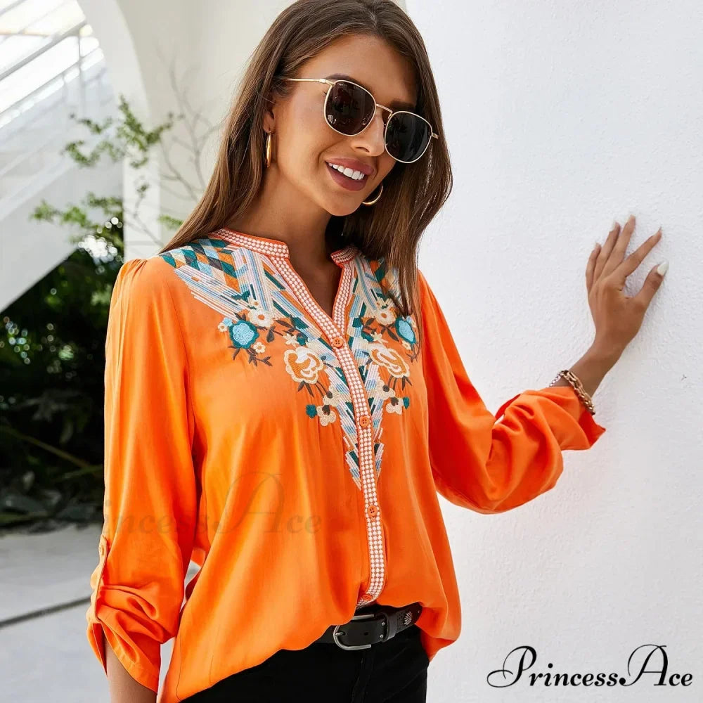 Informal Flower Stitching Large Cotton Long Sleeve Bohemian Top