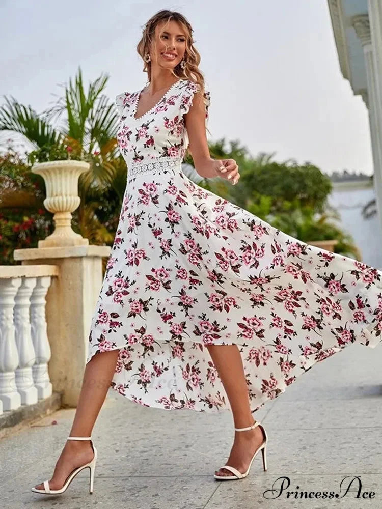 Informal Flowery Lace Neckline Uneven Waist Dress