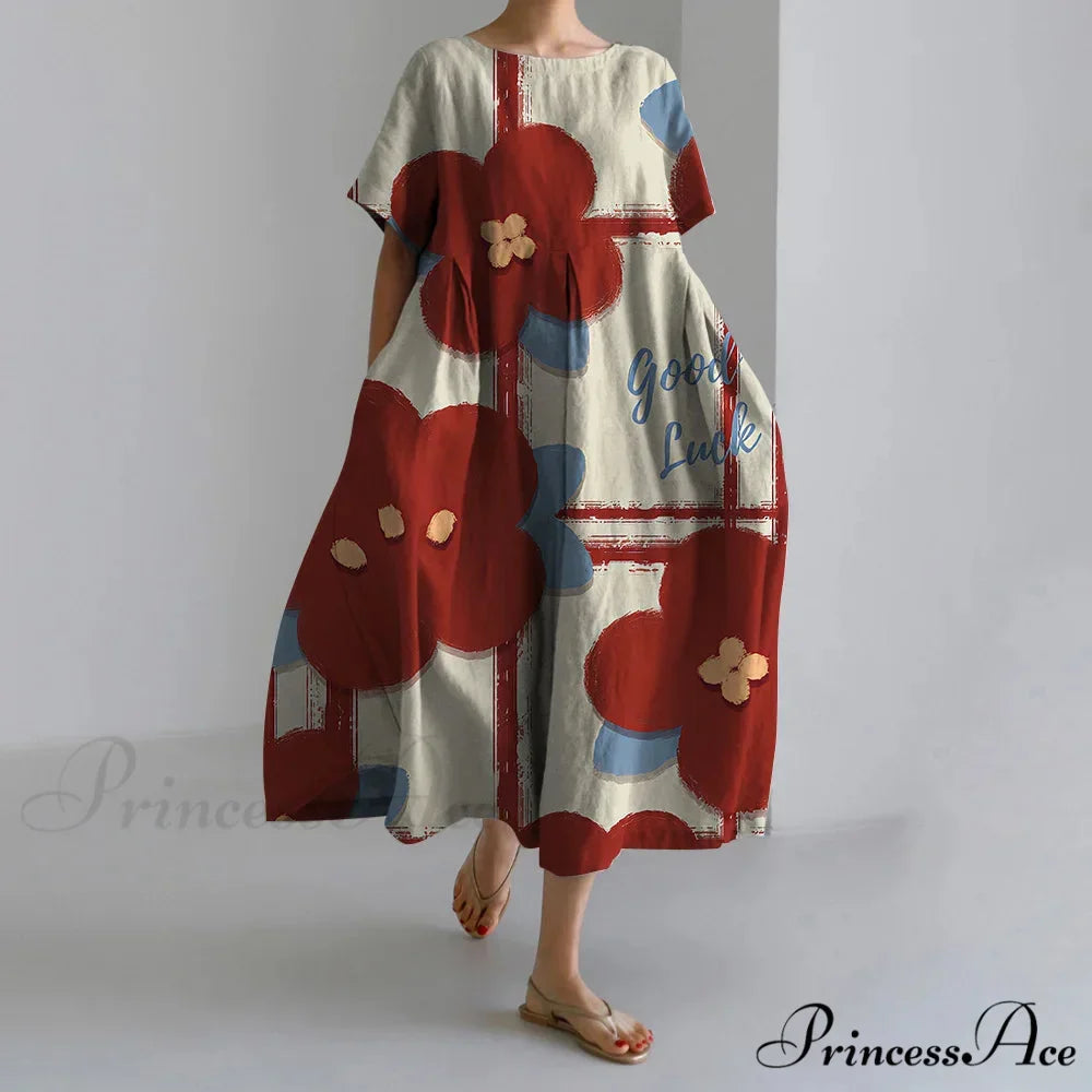 Informal Round Neck Flower Pattern Baggy Long Summer Dress