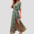 Printed Wrap V Neck Short Sleeve Flowy Maxi Dress
