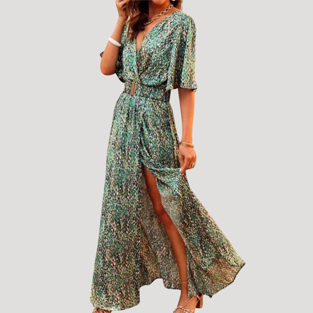 Printed Wrap V Neck Short Sleeve Flowy Maxi Dress