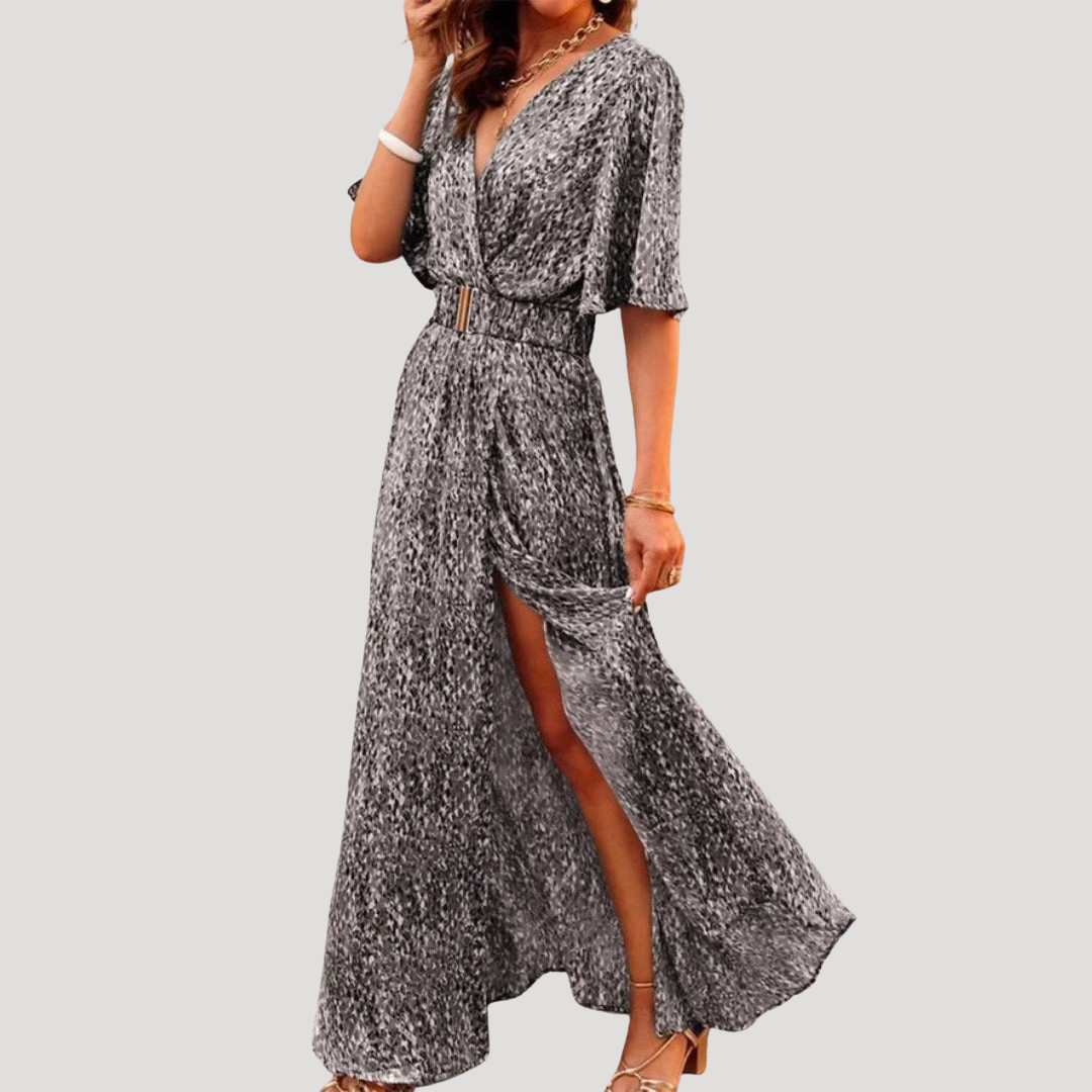Printed Wrap V Neck Short Sleeve Flowy Maxi Dress