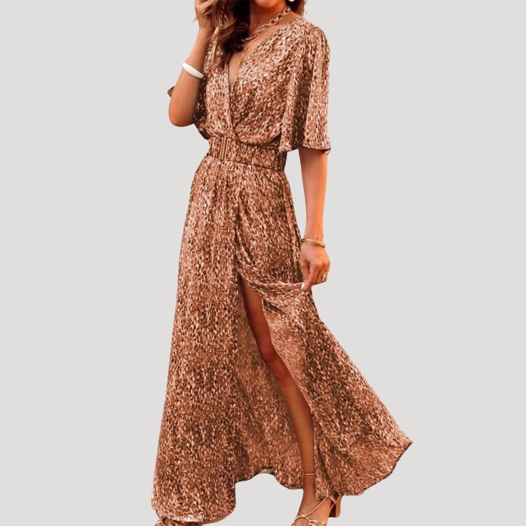 Printed Wrap V Neck Short Sleeve Flowy Maxi Dress