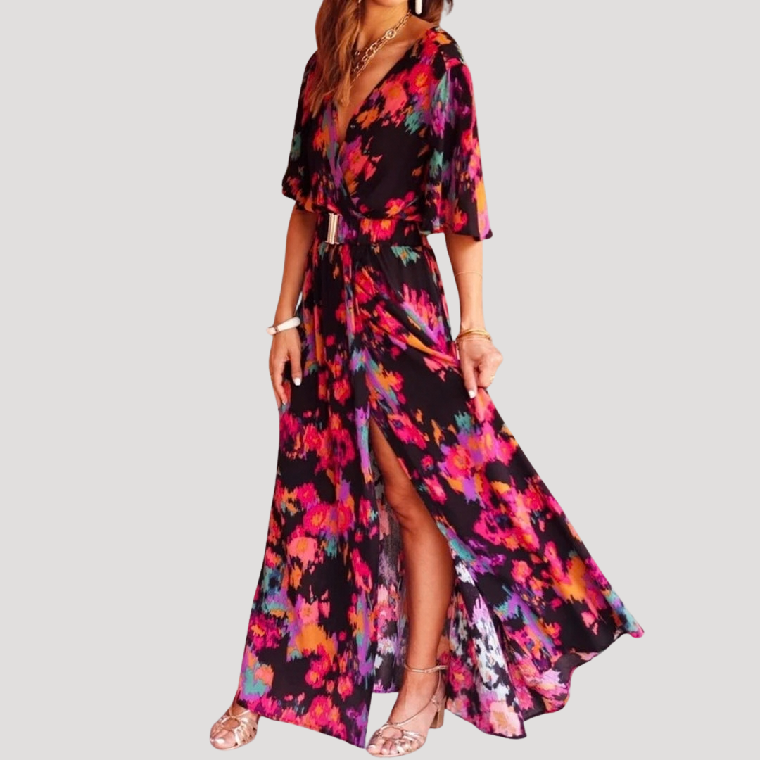 Printed Wrap V Neck Short Sleeve Flowy Maxi Dress