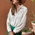 Ivory Cotton Linen Lace Floral Embroidery Boho Top