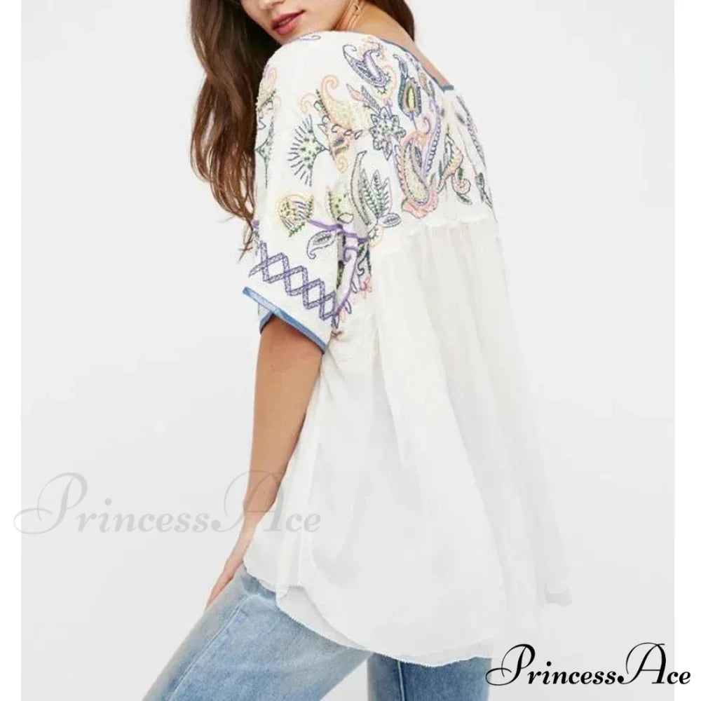 Ivory Cotton Rayon Beaded Floral Embroidered Bohemian Top
