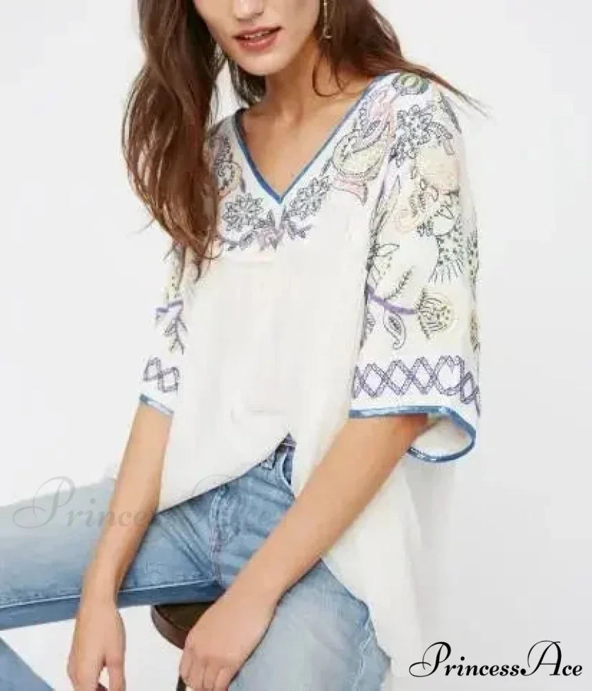 Ivory Cotton Rayon Beaded Floral Embroidered Bohemian Top